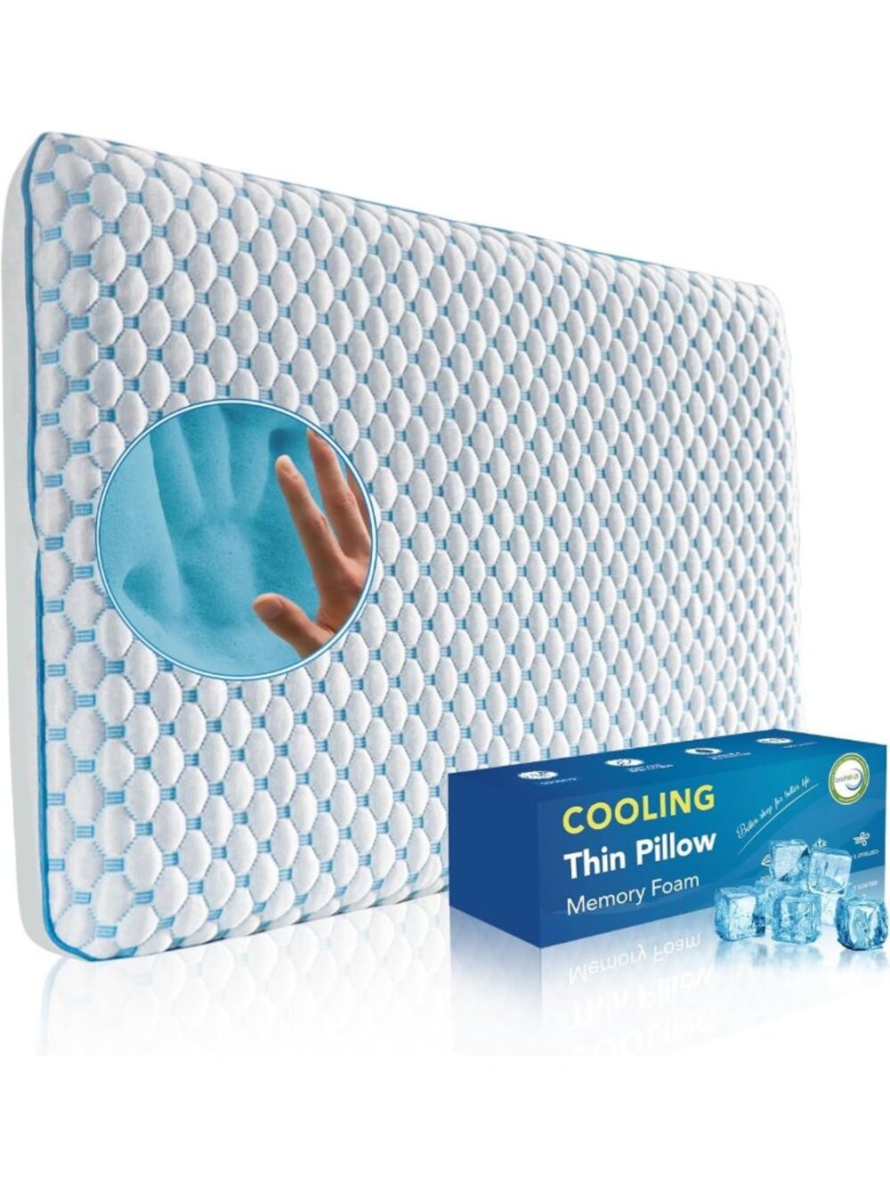Cooling Gel Thin Pillow for Stomach & Back Sleepers, Ultra Slim Memory Foam 2.25